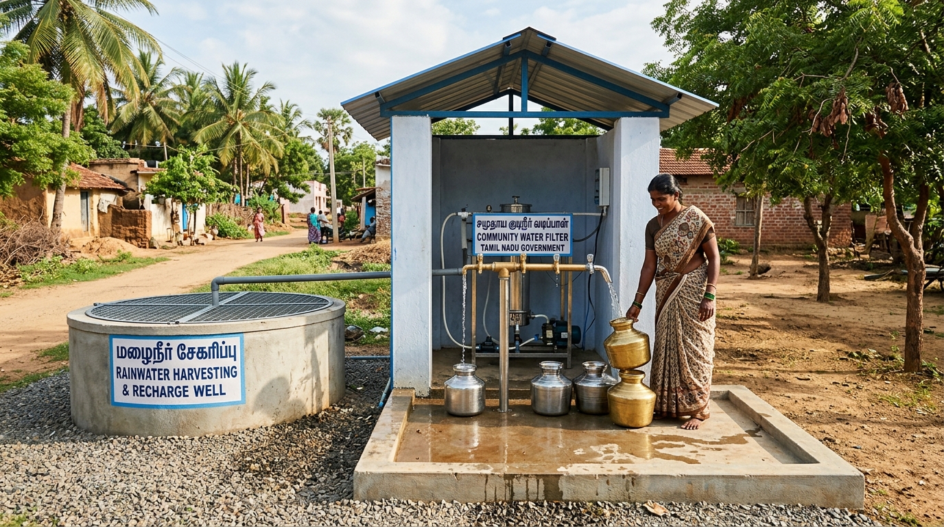 Rural community water filtration point and rainwater recharge well in Krishnagiri